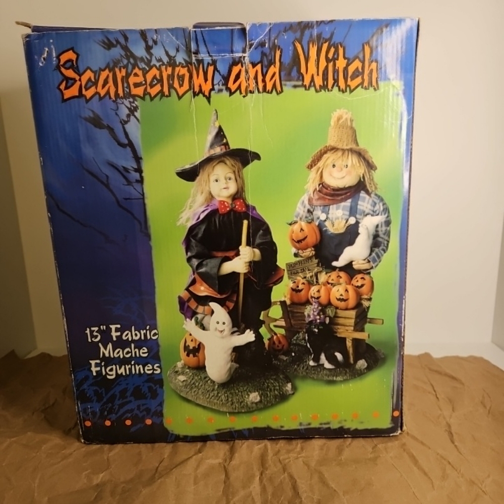 Halloween Scarecrow and Witch 13” Fabric Mache Figures In Original Box